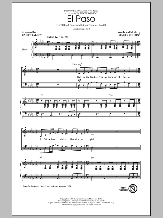 Learn to play Marty Robbins El Paso (arr. Barry Talley) sheet music for TTBB Choir in minutes. Price: 3.9900$ Marty Robbins El Paso (arr. Barry Talley) sheet music notes and chords arranged for TTBB Choir