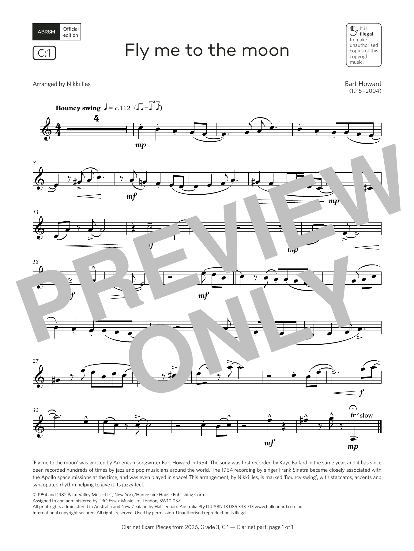 Learn to play Bart Howard Fly me to the moon (Grade 3, list C1, from the ABRSM Clarinet Syllabus from 2026) sheet music for Clarinet Solo in minutes. Price: 5.9900$ Bart Howard Fly me to the moon (Grade 3, list C1, from the ABRSM Clarinet Syllabus from 2026) sheet music notes and chords arranged for Clarinet Solo