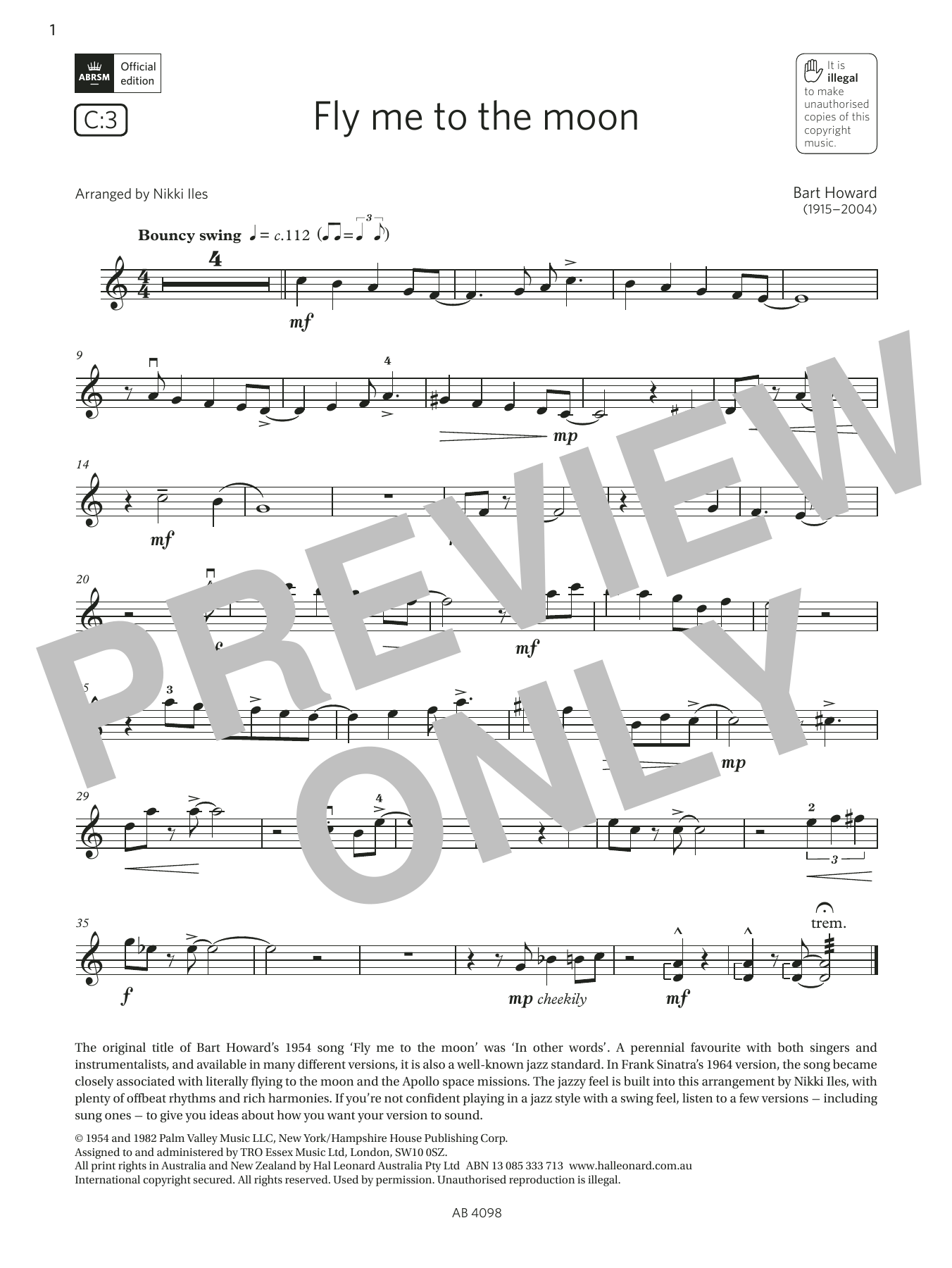 Bart Howard Fly me to the moon (Grade 4, C3, from the ABRSM Violin Syllabus from 2024) sheet music notes and chords. Download Printable PDF.