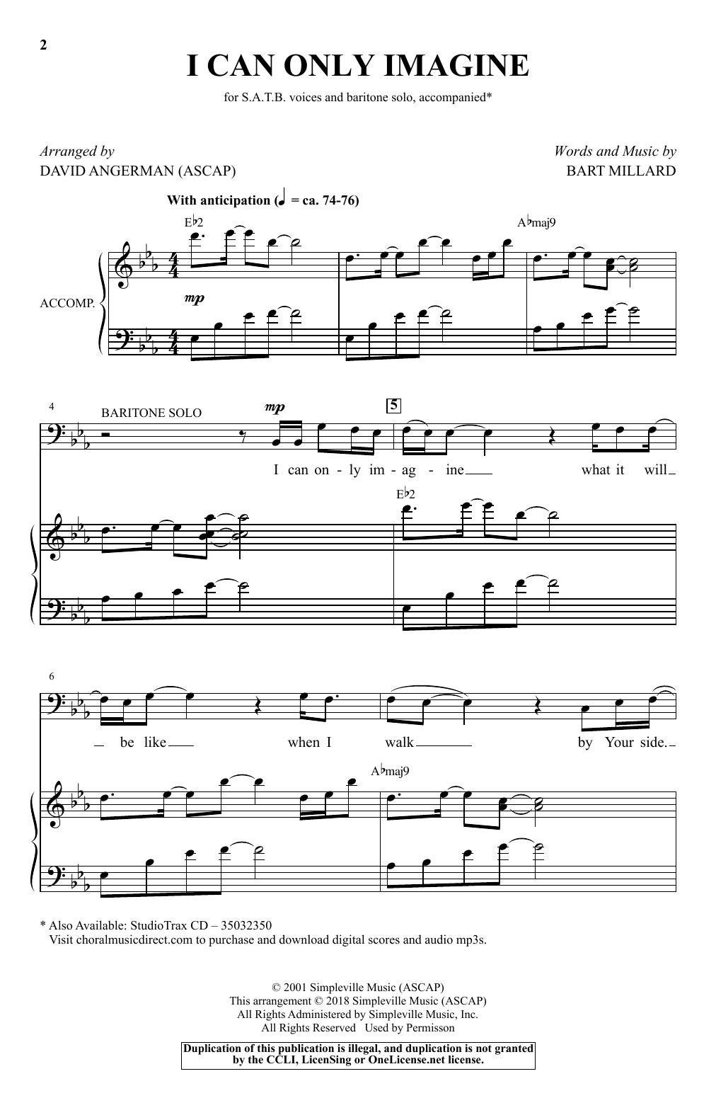 Bart Millard I Can Only Imagine (arr. David Angerman) sheet music notes and chords. Download Printable PDF.