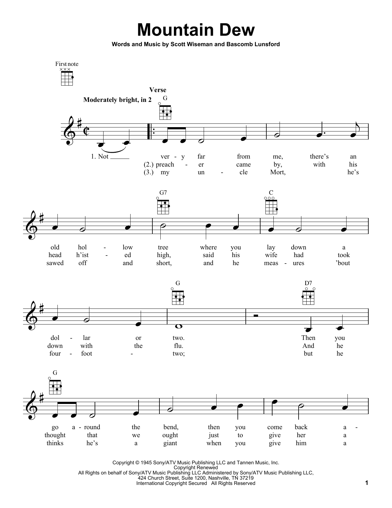 Learn to play Bascomb Lunsford Mountain Dew sheet music for Ukulele in minutes. Price: 5.9900$ Bascomb Lunsford Mountain Dew sheet music notes and chords arranged for Ukulele