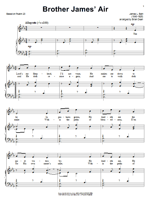 Learn to play James L. Bain Brother James' Air sheet music for Piano & Vocal in minutes. Price: 7.8900$ James L. Bain Brother James' Air sheet music notes and chords arranged for Piano & Vocal