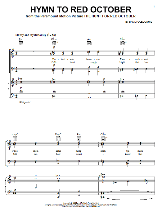 Learn to play Basil Poledouris Hymn To Red October sheet music for Piano, Vocal & Guitar Chords (Right-Hand Melody) in minutes. Price: 7.8900$ Basil Poledouris Hymn To Red October sheet music notes and chords arranged for Piano, Vocal & Guitar Chords (Right-Hand Melody)