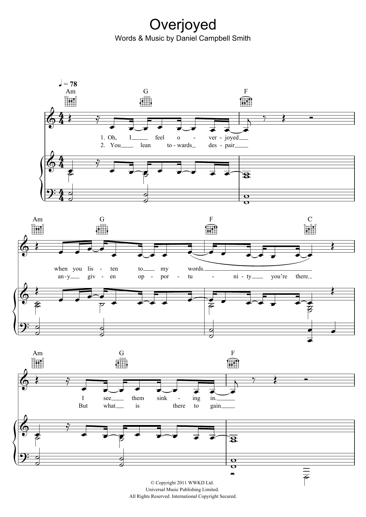Learn to play Bastille Overjoyed sheet music for Piano, Vocal & Guitar Chords in minutes. Price: 7.8900$ Bastille Overjoyed sheet music notes and chords arranged for Piano, Vocal & Guitar Chords