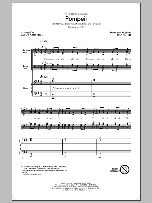 Bastille Pompeii (arr. Jacob Narverud) sheet music notes and chords. Download Printable PDF.