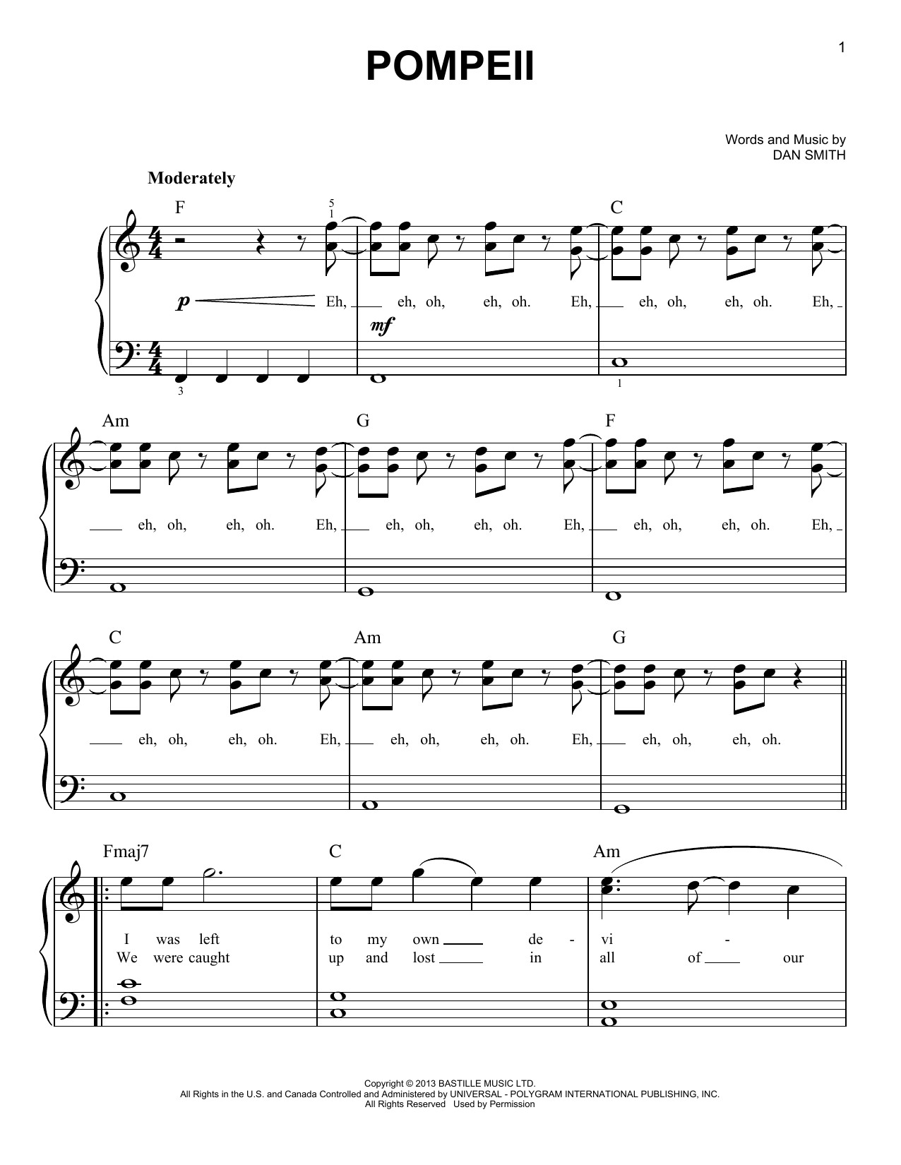 Bastille Pompeii sheet music notes and chords arranged for Piano, Vocal & Guitar Chords