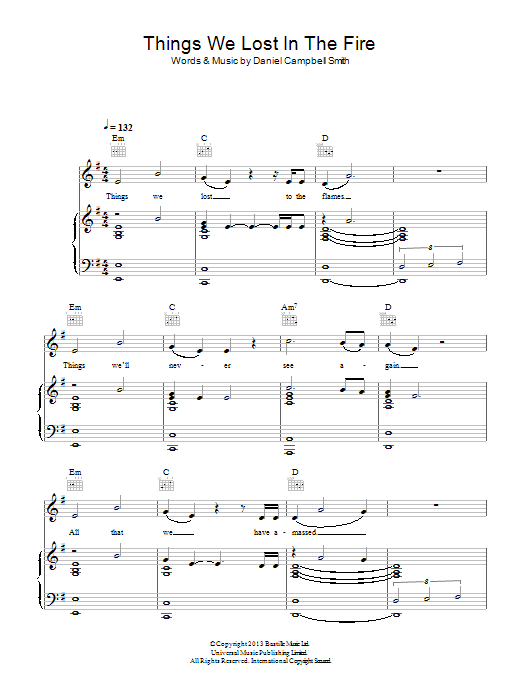 Learn to play Bastille Things We Lost In The Fire sheet music for Piano, Vocal & Guitar Chords in minutes. Price: 7.8900$ Bastille Things We Lost In The Fire sheet music notes and chords arranged for Piano, Vocal & Guitar Chords