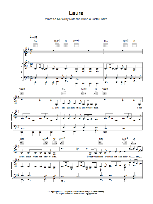 Bat For Lashes Laura sheet music notes and chords. Download Printable PDF.