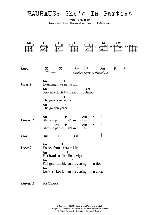Learn to play Bauhaus She's In Parties sheet music for Guitar Chords/Lyrics in minutes. Price: 4.4900$ Bauhaus She's In Parties sheet music notes and chords arranged for Guitar Chords/Lyrics