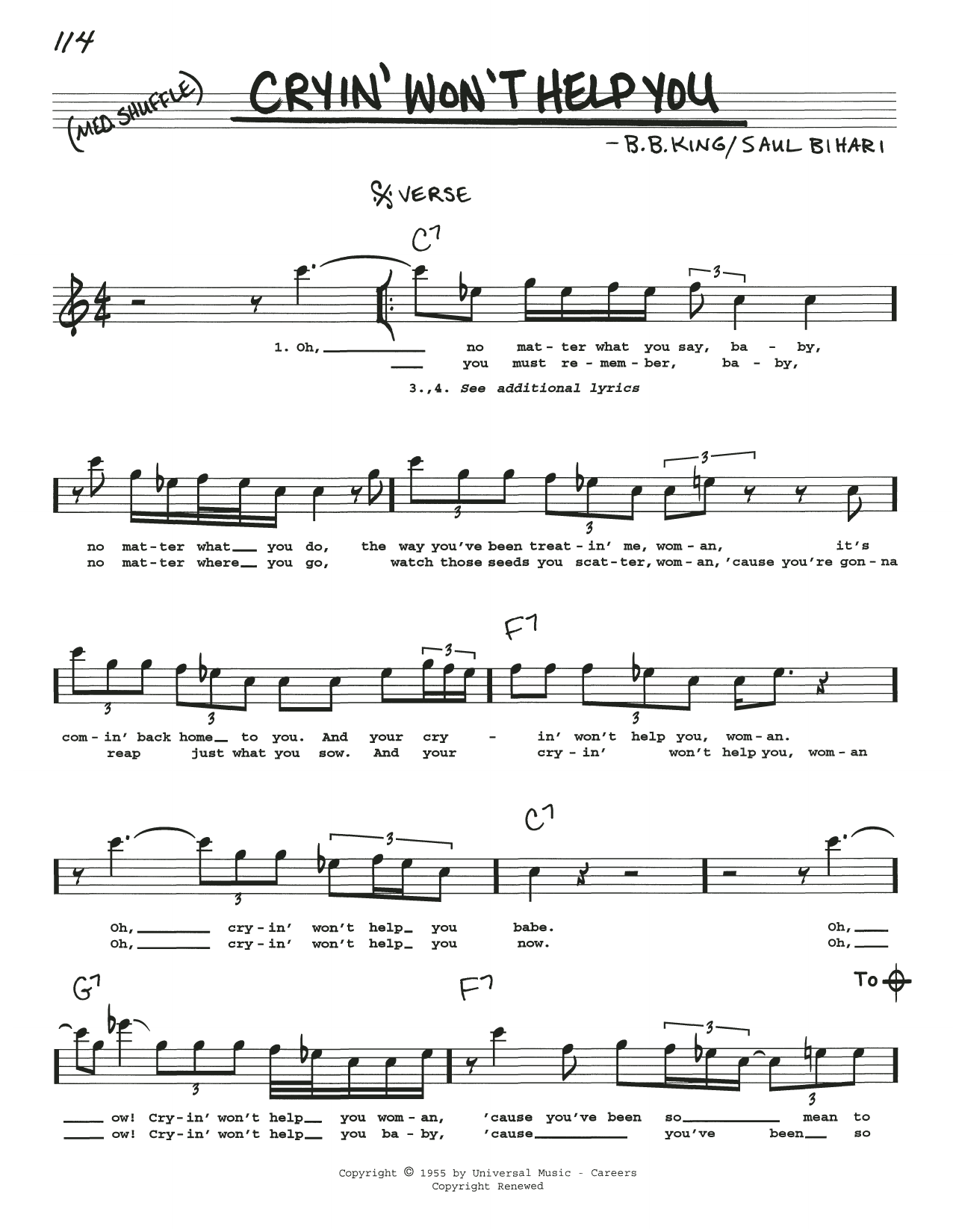 B.B. King Cryin' Won't Help You sheet music notes and chords. Download Printable PDF.