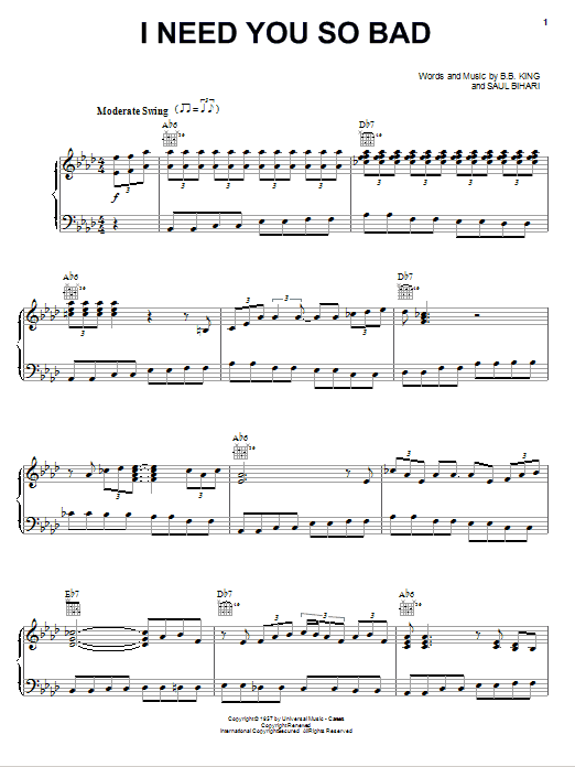 B.B. King I Need You So Bad sheet music notes and chords. Download Printable PDF.