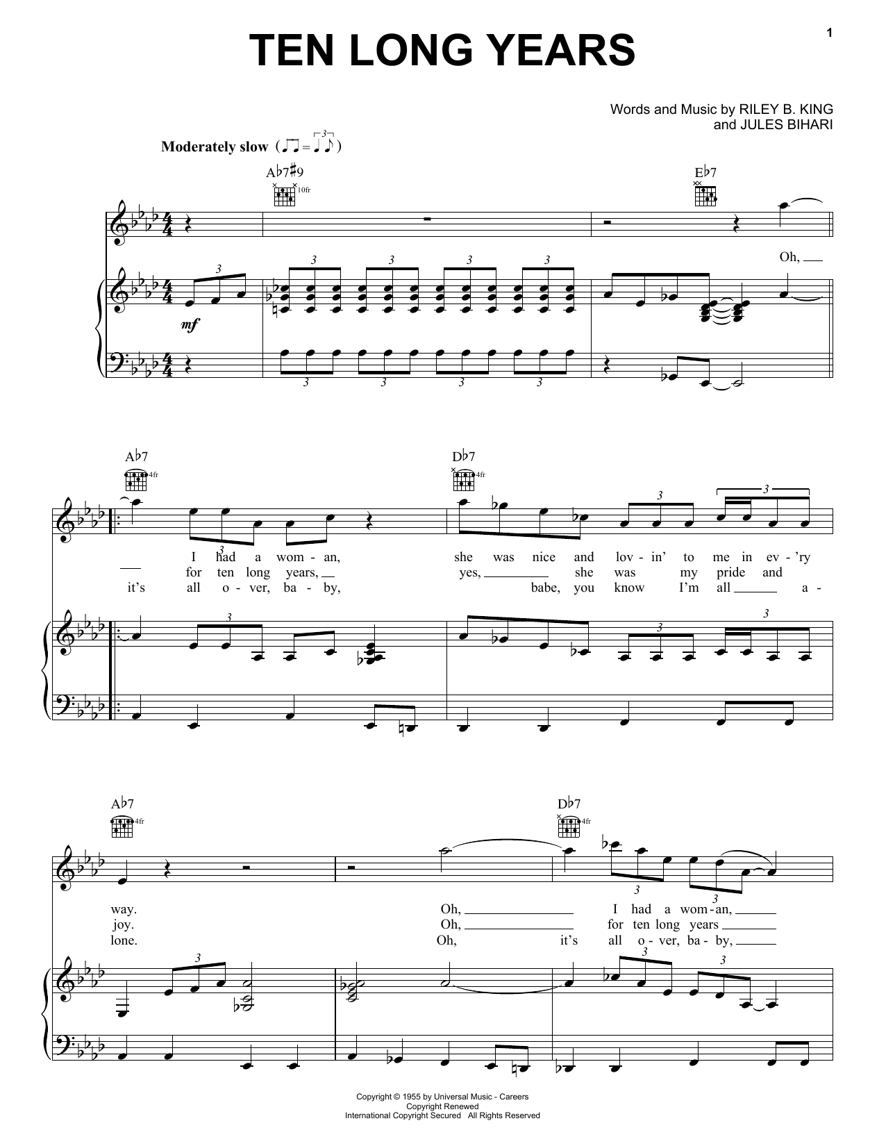 B.B. King Ten Long Years sheet music notes and chords arranged for Piano, Vocal & Guitar Chords (Right-Hand Melody)