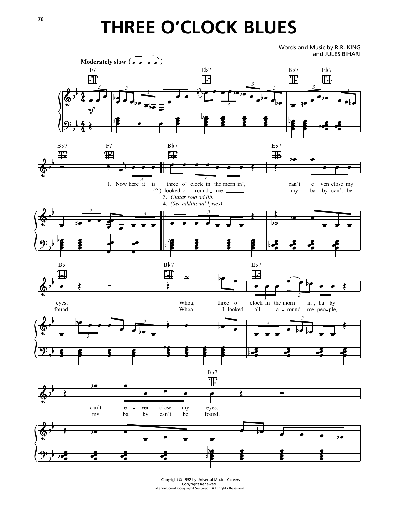 B.B. King Three O'Clock Blues sheet music notes and chords arranged for Real Book – Melody, Lyrics & Chords