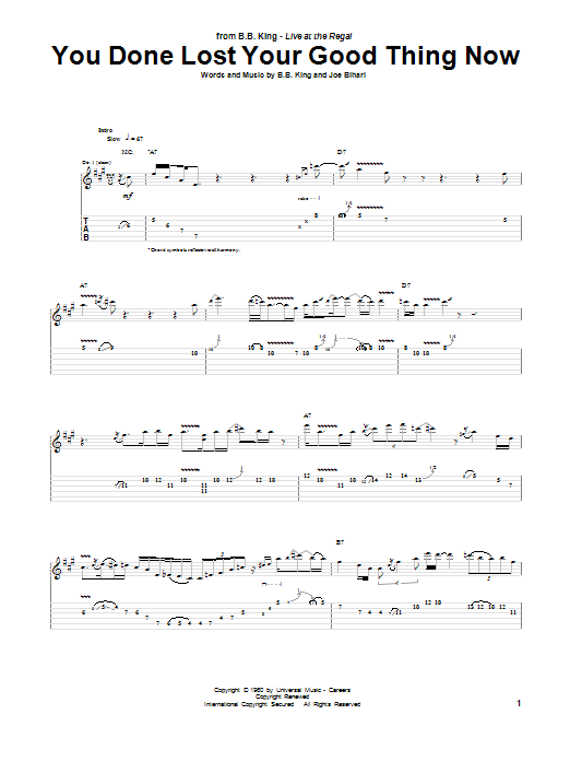 B.B. King You Done Lost Your Good Thing Now sheet music notes and chords. Download Printable PDF.