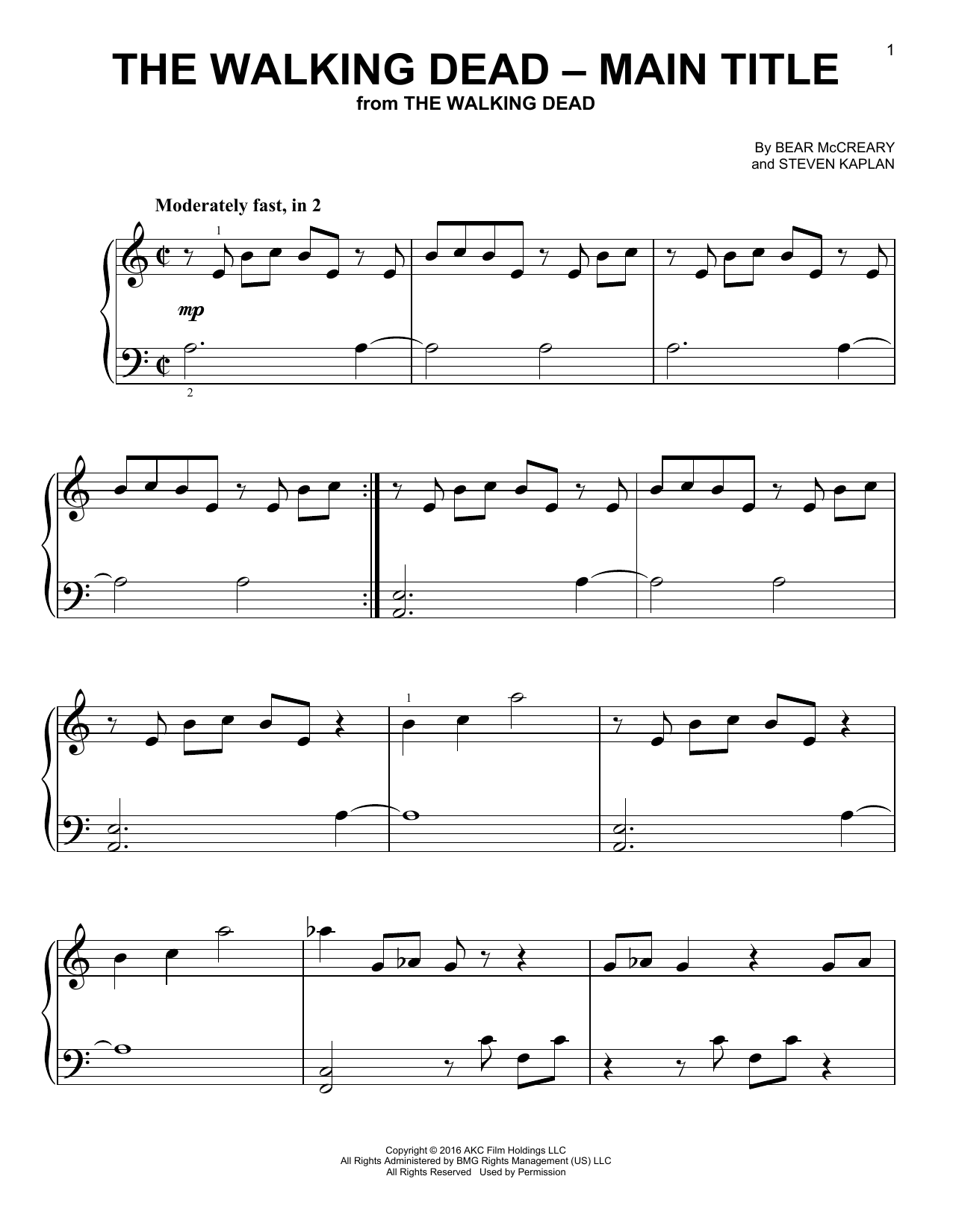 Bear McCreary and Steven Kaplan The Walking Dead - Main Title sheet music notes and chords. Download Printable PDF.