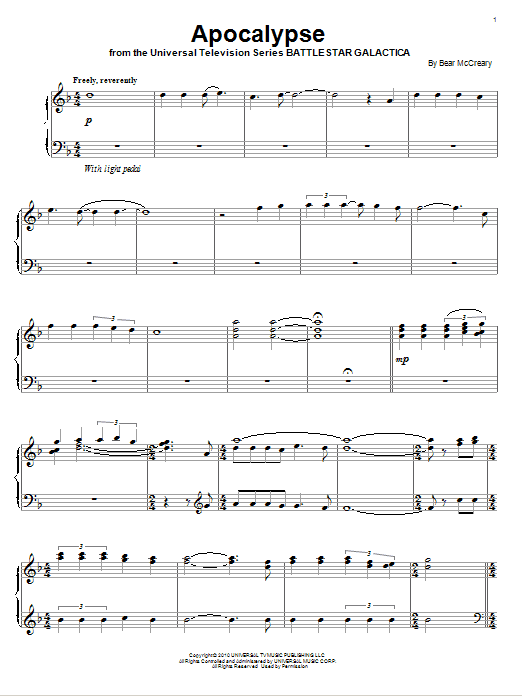 Bear McCreary Apocalypse sheet music notes and chords arranged for Piano Solo