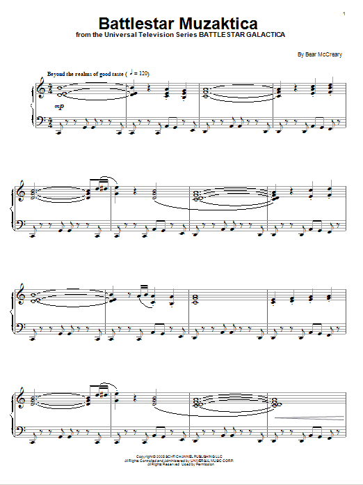 Learn to play Bear McCreary Battlestar Muzaktica sheet music for Piano Solo in minutes. Price: 7.8900$ Bear McCreary Battlestar Muzaktica sheet music notes and chords arranged for Piano Solo