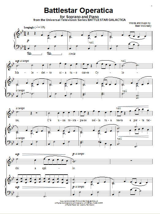 Learn to play Bear McCreary Battlestar Operatica sheet music for Piano & Vocal in minutes. Price: 7.8900$ Bear McCreary Battlestar Operatica sheet music notes and chords arranged for Piano & Vocal