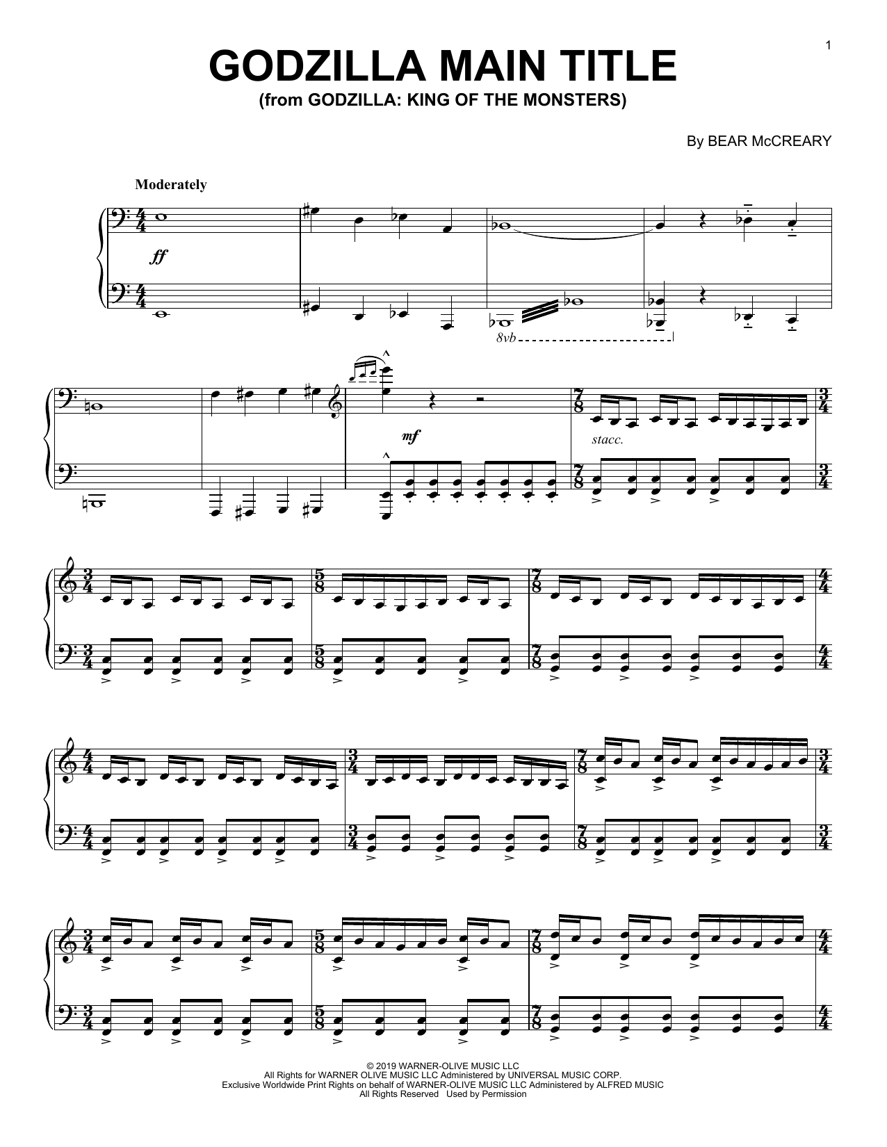 Bear McCreary Godzilla: King Of The Monsters (Main Title) sheet music notes and chords. Download Printable PDF.