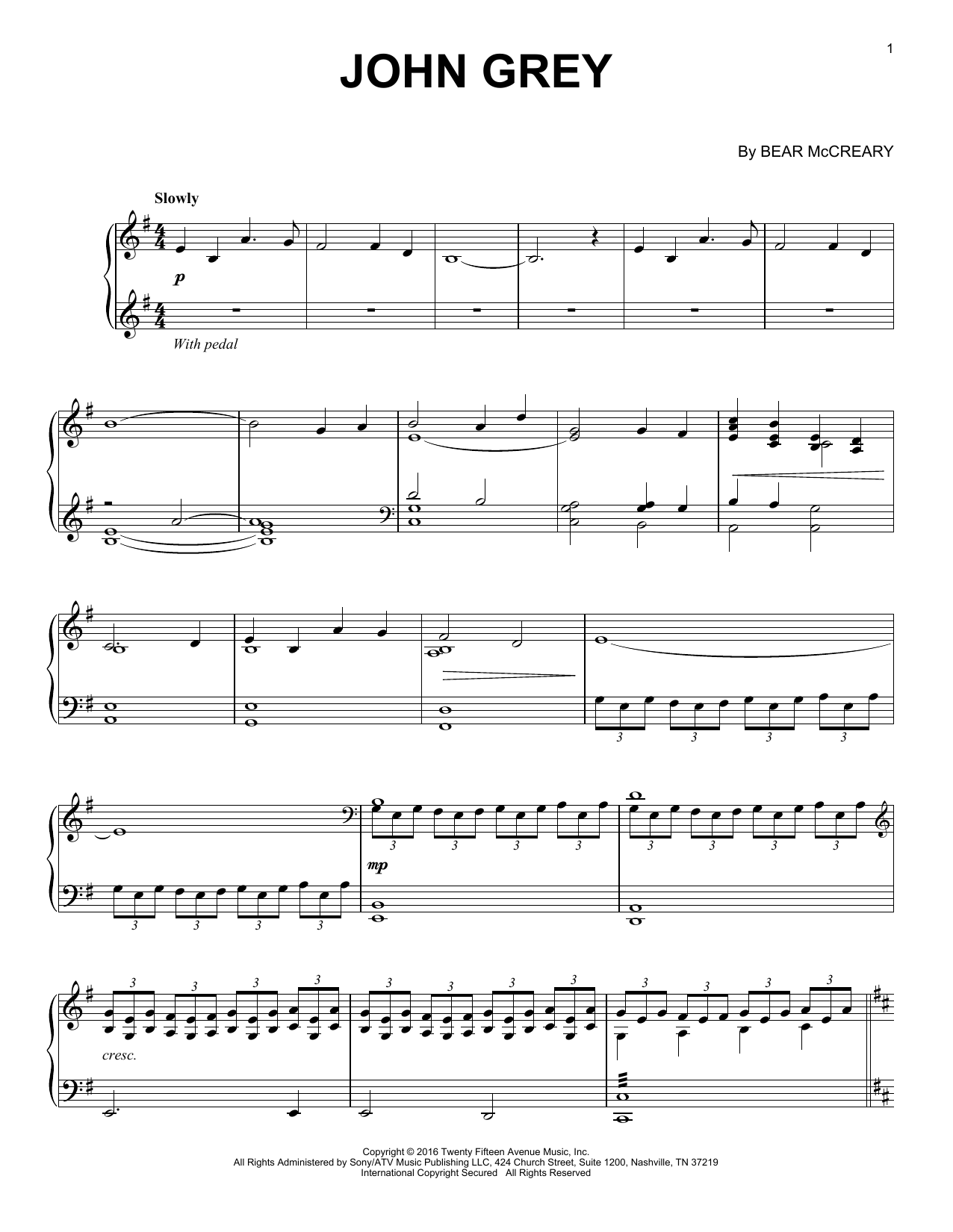 Learn to play Bear McCreary John Grey (from Outlander) sheet music for Piano Solo in minutes. Price: 7.8900$ Bear McCreary John Grey (from Outlander) sheet music notes and chords arranged for Piano Solo