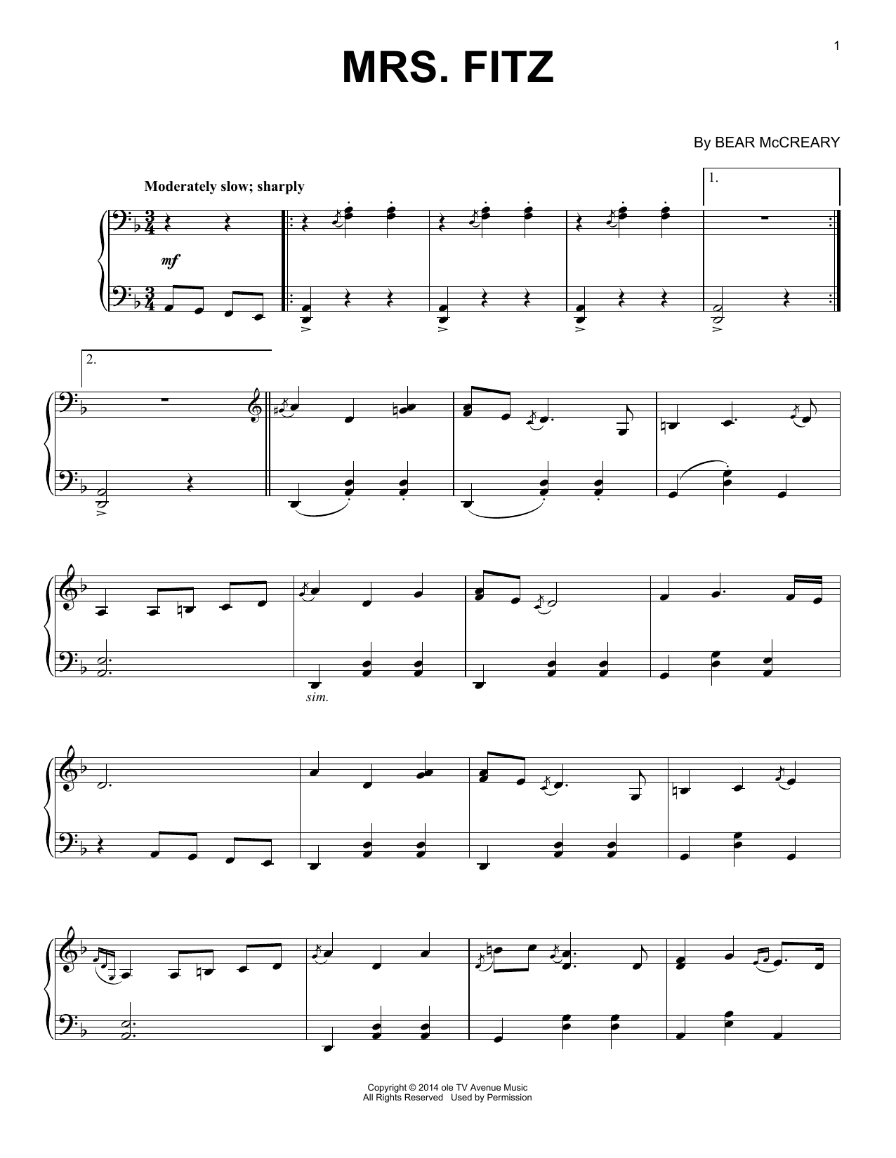 Learn to play Bear McCreary Mrs. Fitz (from Outlander) sheet music for Piano Solo in minutes. Price: 7.8900$ Bear McCreary Mrs. Fitz (from Outlander) sheet music notes and chords arranged for Piano Solo