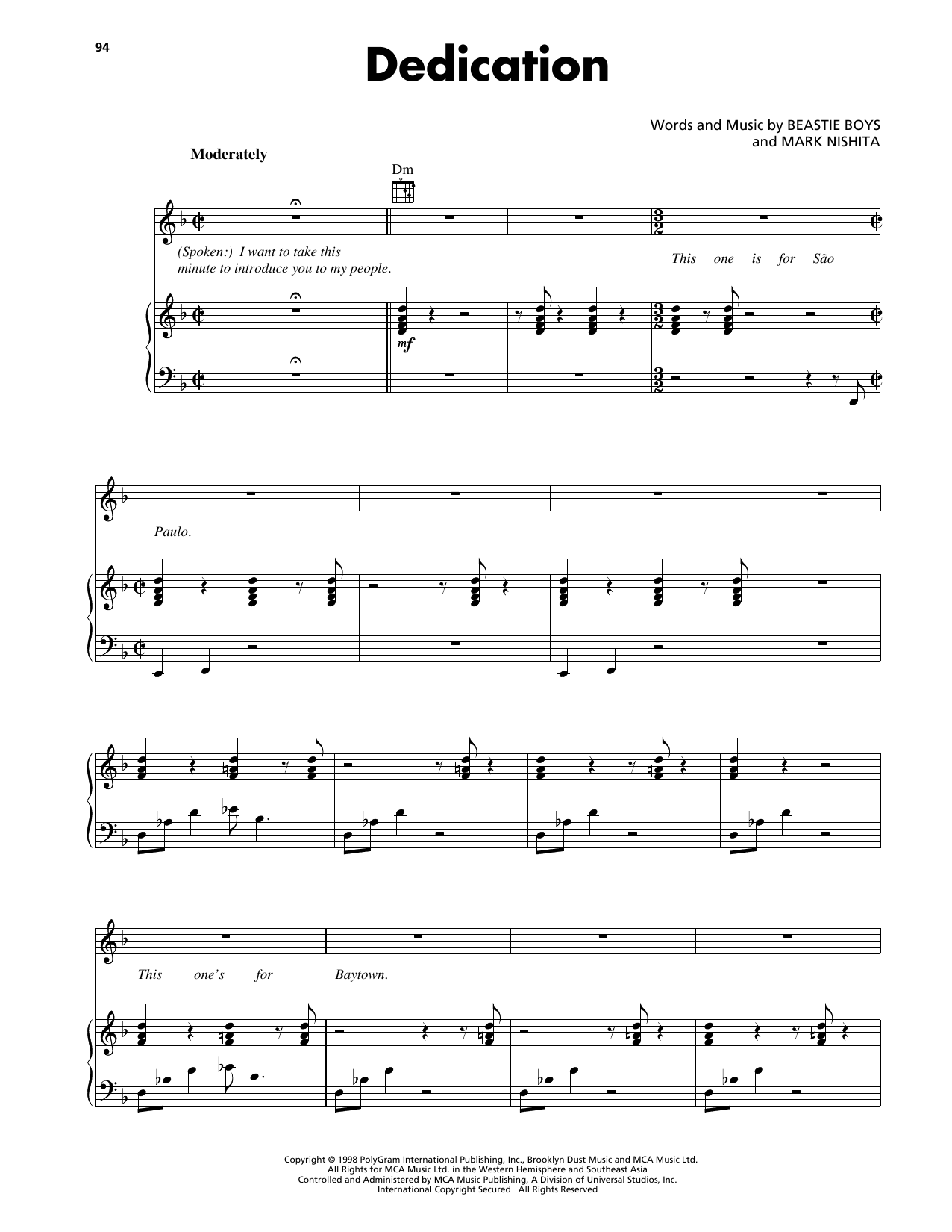 Learn to play Beastie Boys Dedication sheet music for Piano, Vocal & Guitar Chords (Right-Hand Melody) in minutes. Price: 7.8900$ Beastie Boys Dedication sheet music notes and chords arranged for Piano, Vocal & Guitar Chords (Right-Hand Melody)