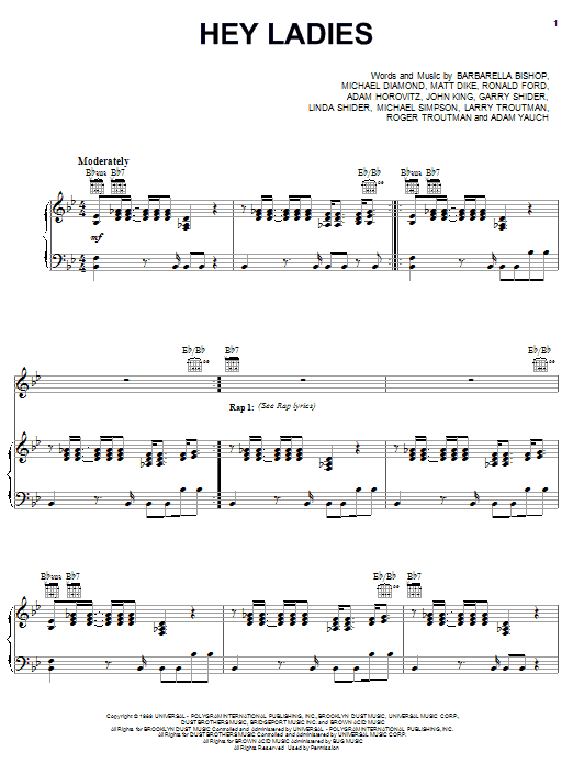 Learn to play Beastie Boys Hey Ladies sheet music for Piano, Vocal & Guitar Chords (Right-Hand Melody) in minutes. Price: 7.8900$ Beastie Boys Hey Ladies sheet music notes and chords arranged for Piano, Vocal & Guitar Chords (Right-Hand Melody)