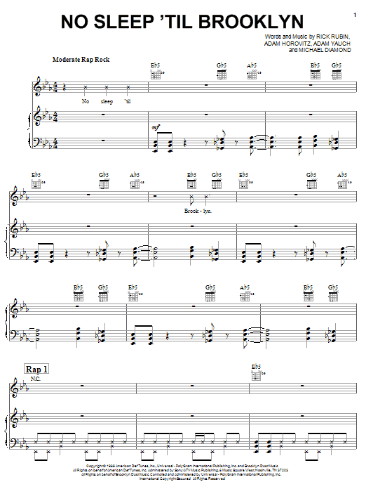 Learn to play Beastie Boys No Sleep Till Brooklyn sheet music for Piano, Vocal & Guitar Chords (Right-Hand Melody) in minutes. Price: 7.8900$ Beastie Boys No Sleep Till Brooklyn sheet music notes and chords arranged for Piano, Vocal & Guitar Chords (Right-Hand Melody)