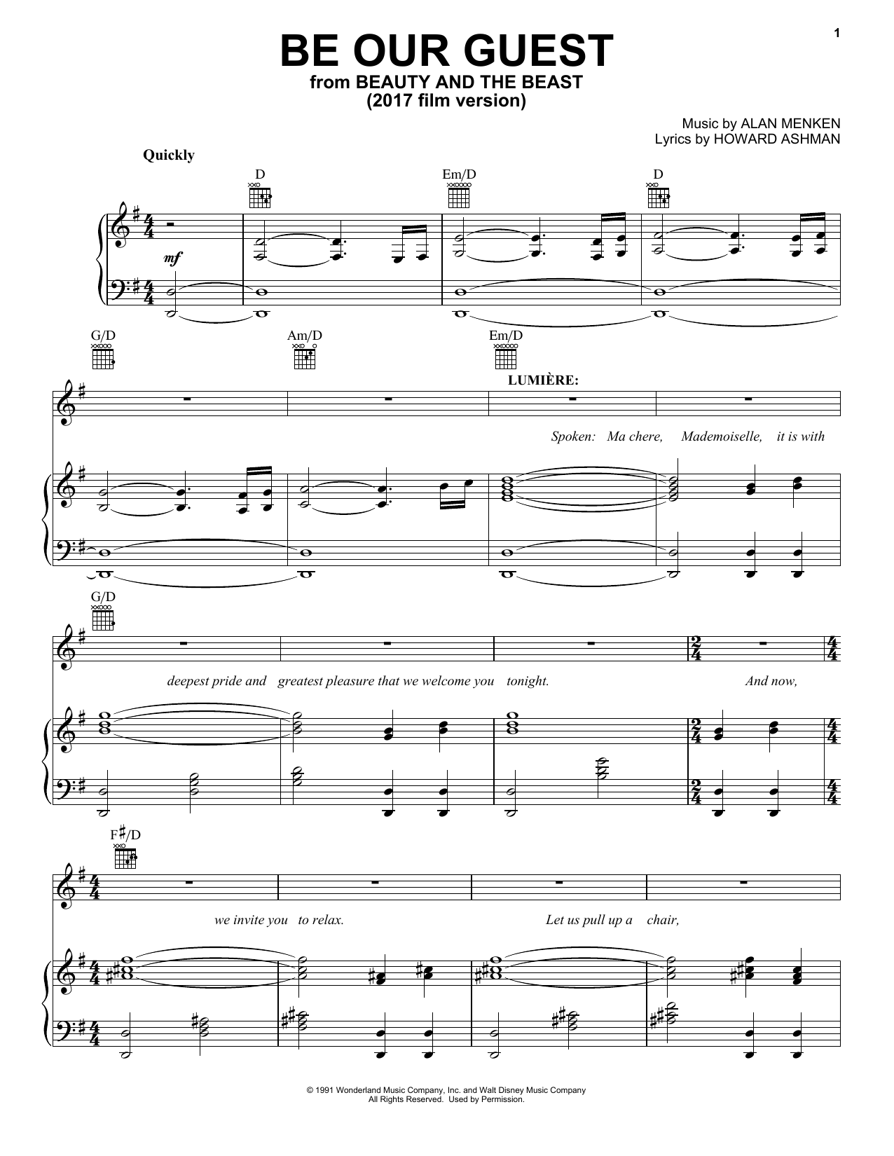 Beauty and the Beast Cast Be Our Guest (from Beauty and the Beast) sheet music notes and chords arranged for Piano, Vocal & Guitar Chords (Right-Hand Melody)