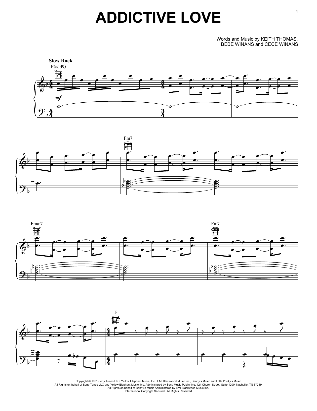 Learn to play BeBe and CeCe Winans Addictive Love sheet music for Piano, Vocal & Guitar Chords (Right-Hand Melody) in minutes. Price: 7.8900$ BeBe and CeCe Winans Addictive Love sheet music notes and chords arranged for Piano, Vocal & Guitar Chords (Right-Hand Melody)