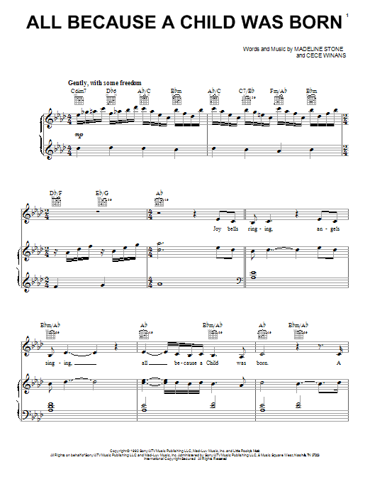 Learn to play BeBe & CeCe Winans All Because A Child Was Born sheet music for Piano, Vocal & Guitar Chords (Right-Hand Melody) in minutes. Price: 7.8900$ BeBe & CeCe Winans All Because A Child Was Born sheet music notes and chords arranged for Piano, Vocal & Guitar Chords (Right-Hand Melody)