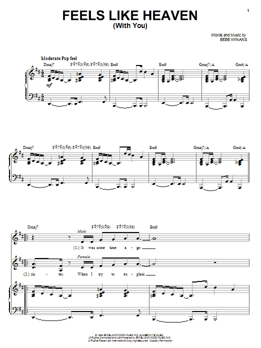 Learn to play BeBe & CeCe Winans Feels Like Heaven (With You) sheet music for Piano, Vocal & Guitar Chords (Right-Hand Melody) in minutes. Price: 7.8900$ BeBe & CeCe Winans Feels Like Heaven (With You) sheet music notes and chords arranged for Piano, Vocal & Guitar Chords (Right-Hand Melody)