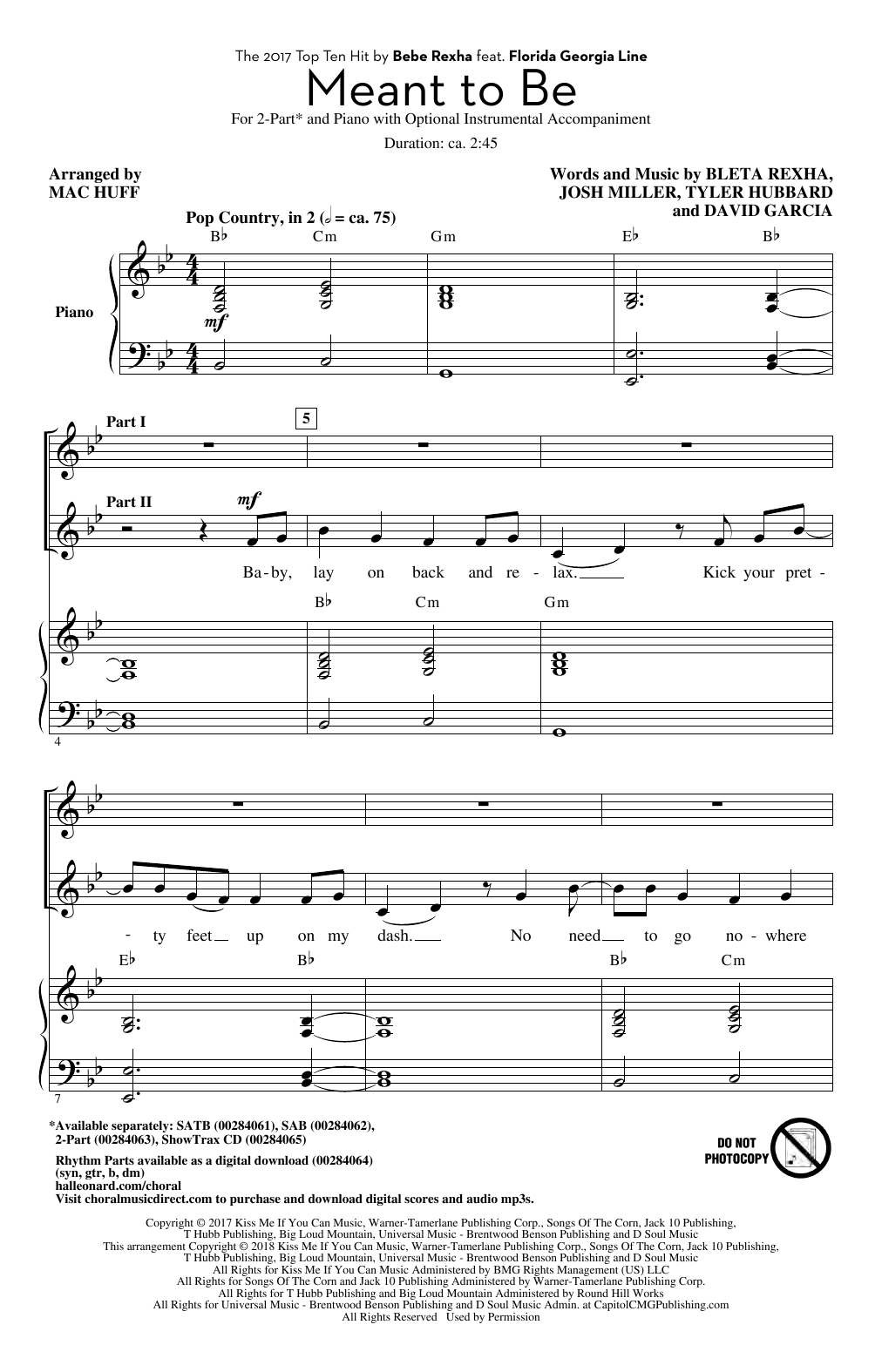 Bebe Rexha Meant To Be (feat. Florida Georgia Line) (arr. Mac Huff) sheet music notes and chords. Download Printable PDF.