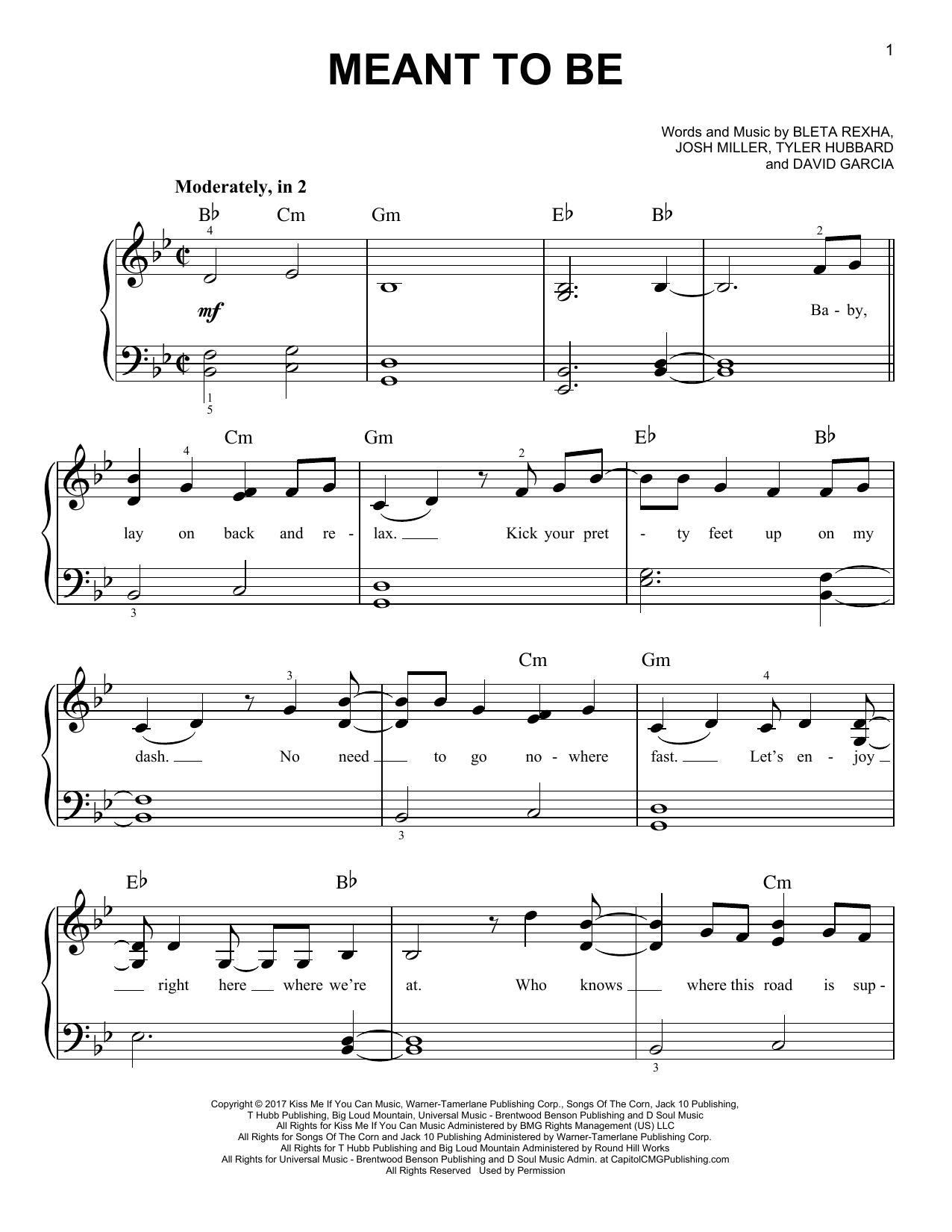 Bebe Rexha Meant To Be (feat. Florida Georgia Line) sheet music notes and chords. Download Printable PDF.