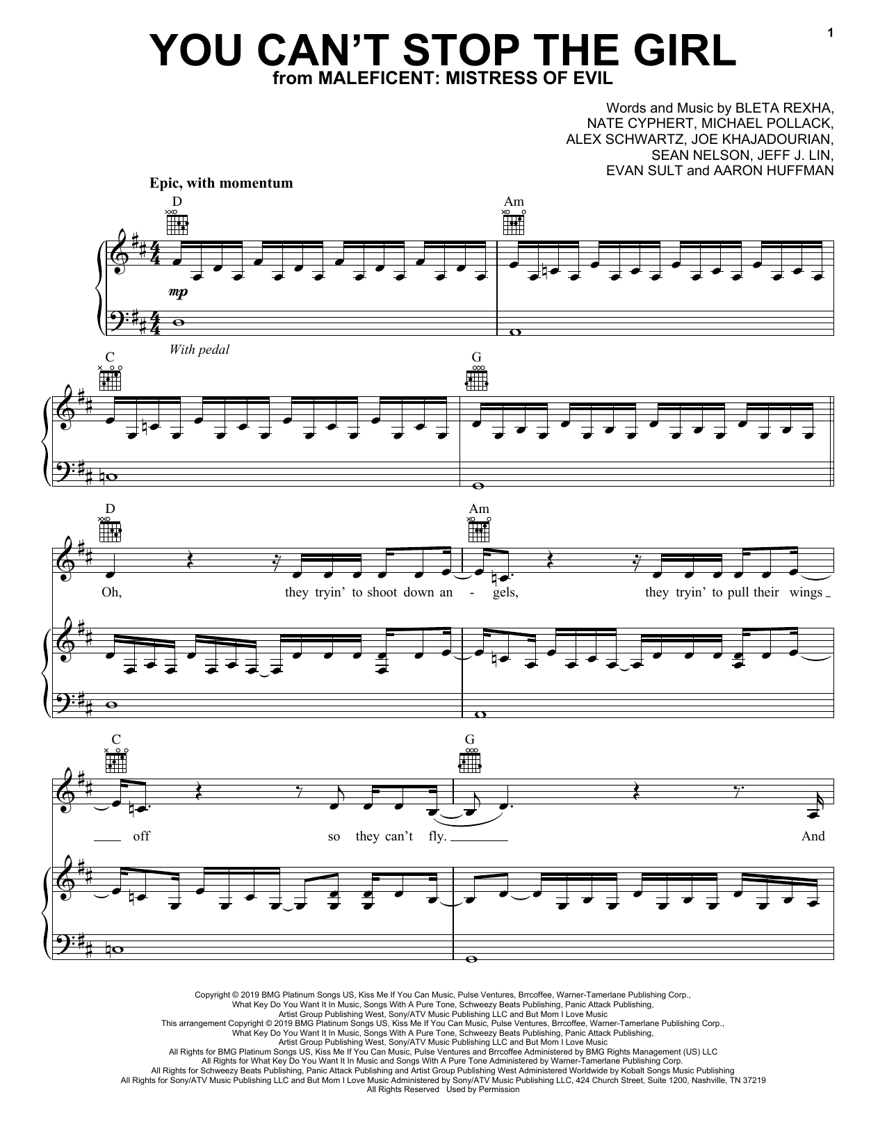 Bebe Rexha You Can't Stop The Girl (from Disney's Maleficent: Mistress of Evil) sheet music notes and chords. Download Printable PDF.