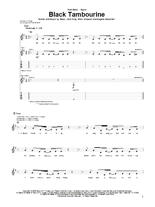 Learn to play Beck Black Tambourine sheet music for Guitar Tab in minutes. Price: 7.8900$ Beck Black Tambourine sheet music notes and chords arranged for Guitar Tab