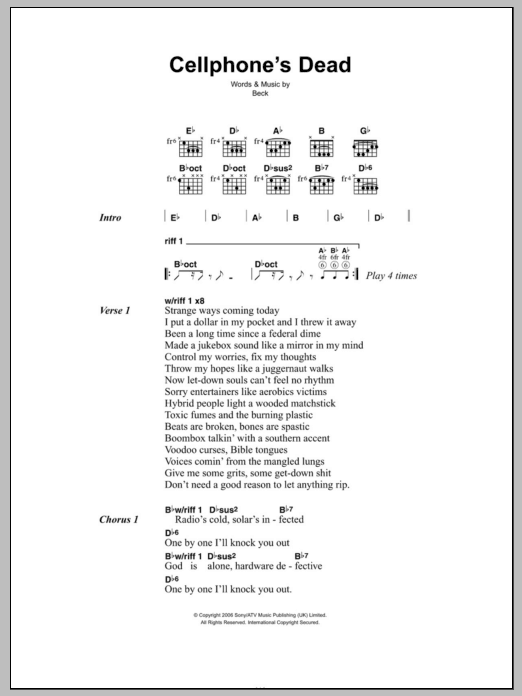 Beck Cellphone's Dead sheet music notes and chords. Download Printable PDF.