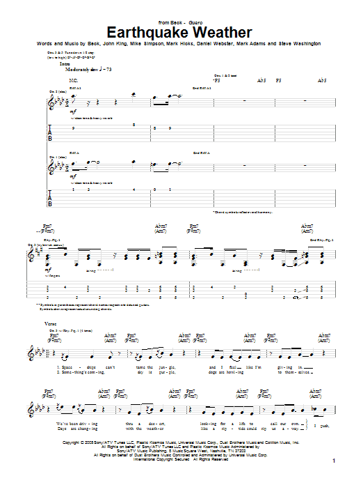Learn to play Beck Earthquake Weather sheet music for Guitar Tab in minutes. Price: 7.8900$ Beck Earthquake Weather sheet music notes and chords arranged for Guitar Tab
