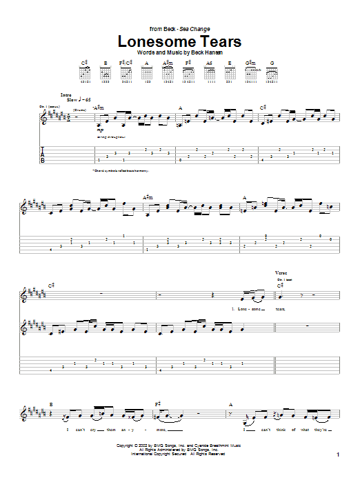 Learn to play Beck Lonesome Tears sheet music for Guitar Tab in minutes. Price: 7.8900$ Beck Lonesome Tears sheet music notes and chords arranged for Guitar Tab