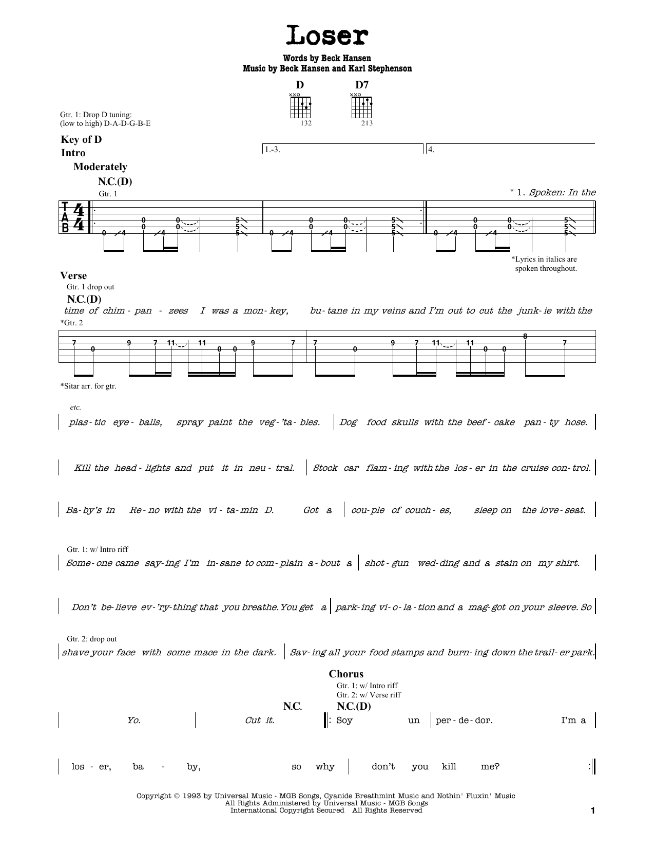 Beck Loser sheet music notes and chords. Download Printable PDF.