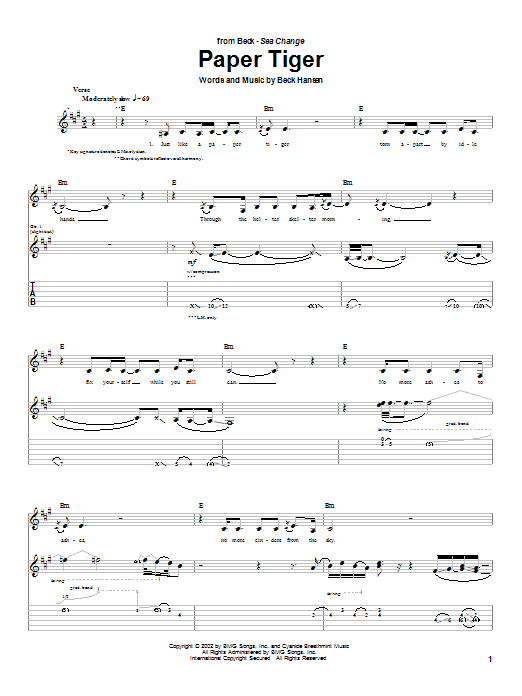 Learn to play Beck Paper Tiger sheet music for Guitar Tab in minutes. Price: 7.8900$ Beck Paper Tiger sheet music notes and chords arranged for Guitar Tab