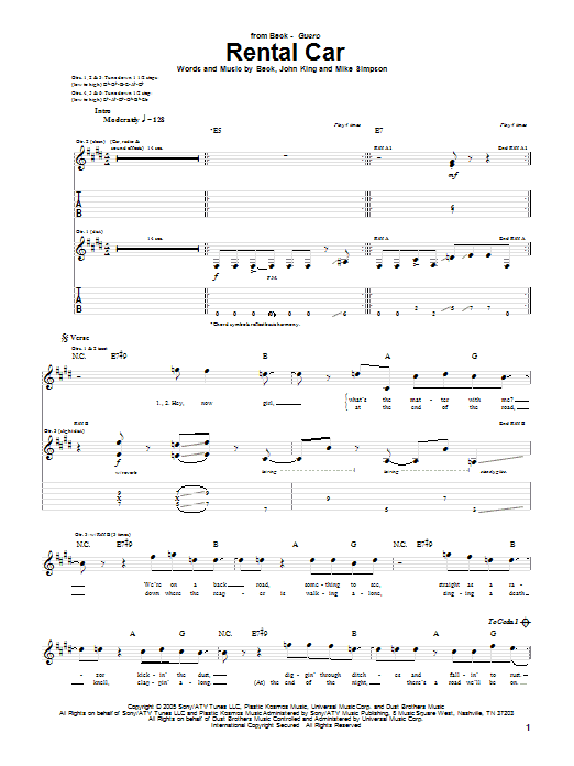 Learn to play Beck Rental Car sheet music for Guitar Tab in minutes. Price: 7.8900$ Beck Rental Car sheet music notes and chords arranged for Guitar Tab