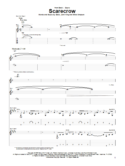 Learn to play Beck Scarecrow sheet music for Guitar Tab in minutes. Price: 7.8900$ Beck Scarecrow sheet music notes and chords arranged for Guitar Tab