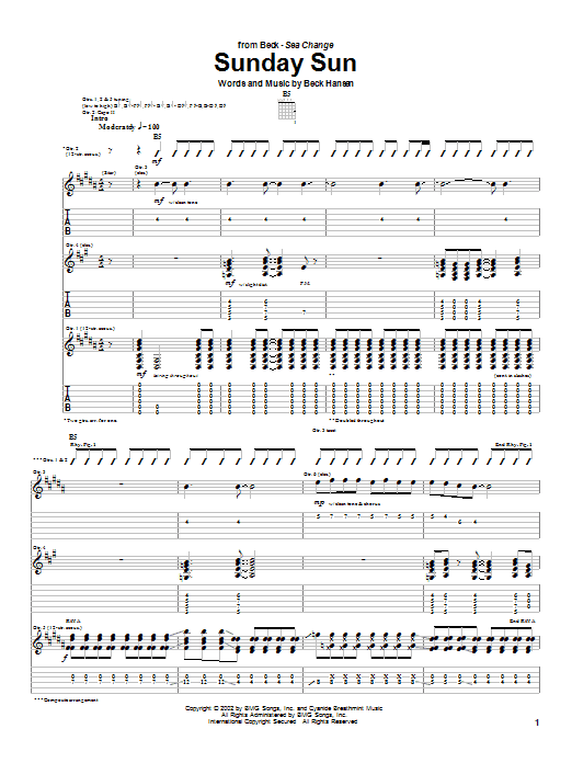 Learn to play Beck Sunday Sun sheet music for Guitar Tab in minutes. Price: 7.8900$ Beck Sunday Sun sheet music notes and chords arranged for Guitar Tab