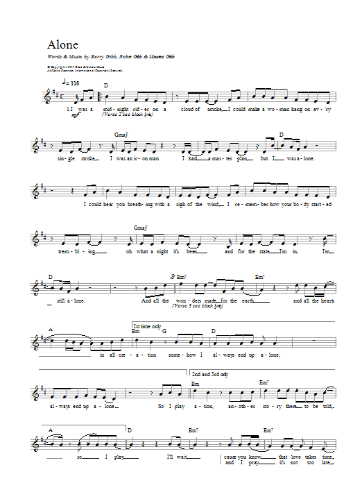 Bee Gees Alone sheet music notes and chords. Download Printable PDF.