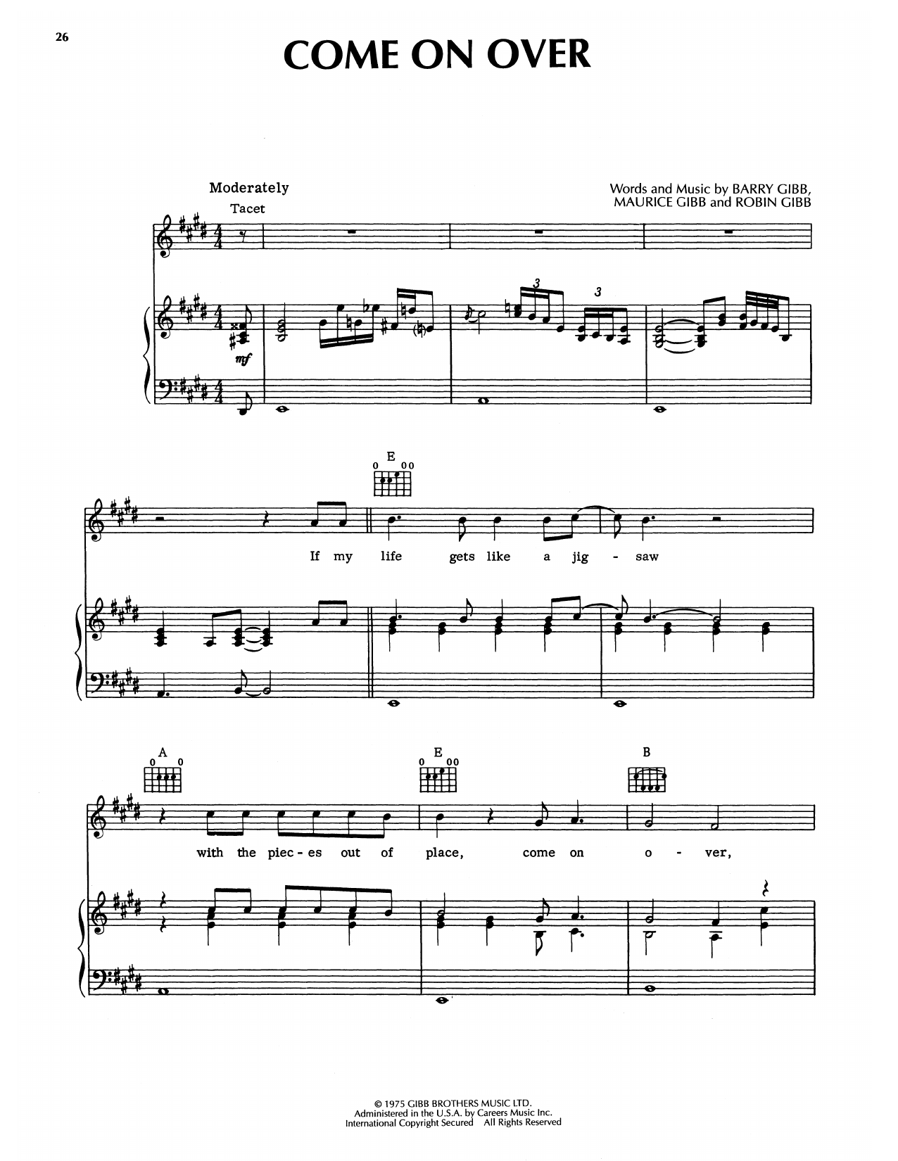 Learn to play Bee Gees Come On Over sheet music for Piano, Vocal & Guitar Chords (Right-Hand Melody) in minutes. Price: 7.8900$ Bee Gees Come On Over sheet music notes and chords arranged for Piano, Vocal & Guitar Chords (Right-Hand Melody)