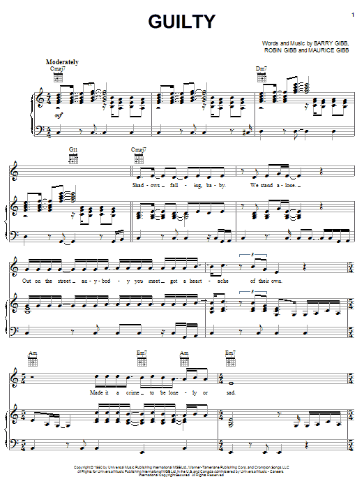 Learn to play Bee Gees Guilty sheet music for Piano, Vocal & Guitar Chords (Right-Hand Melody) in minutes. Price: 7.8900$ Bee Gees Guilty sheet music notes and chords arranged for Piano, Vocal & Guitar Chords (Right-Hand Melody)