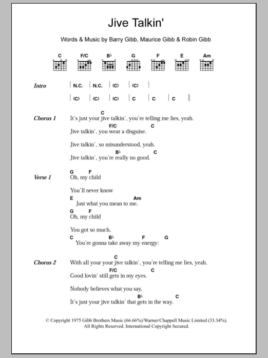 Bee Gees Jive Talkin' sheet music notes and chords. Download Printable PDF.