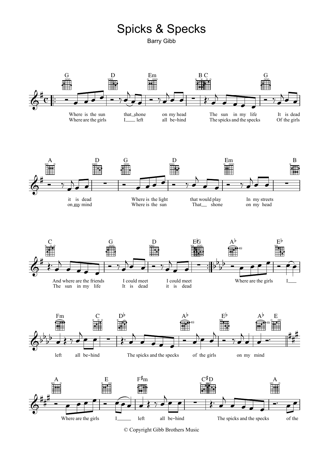 Bee Gees Spicks And Specks sheet music notes and chords. Download Printable PDF.