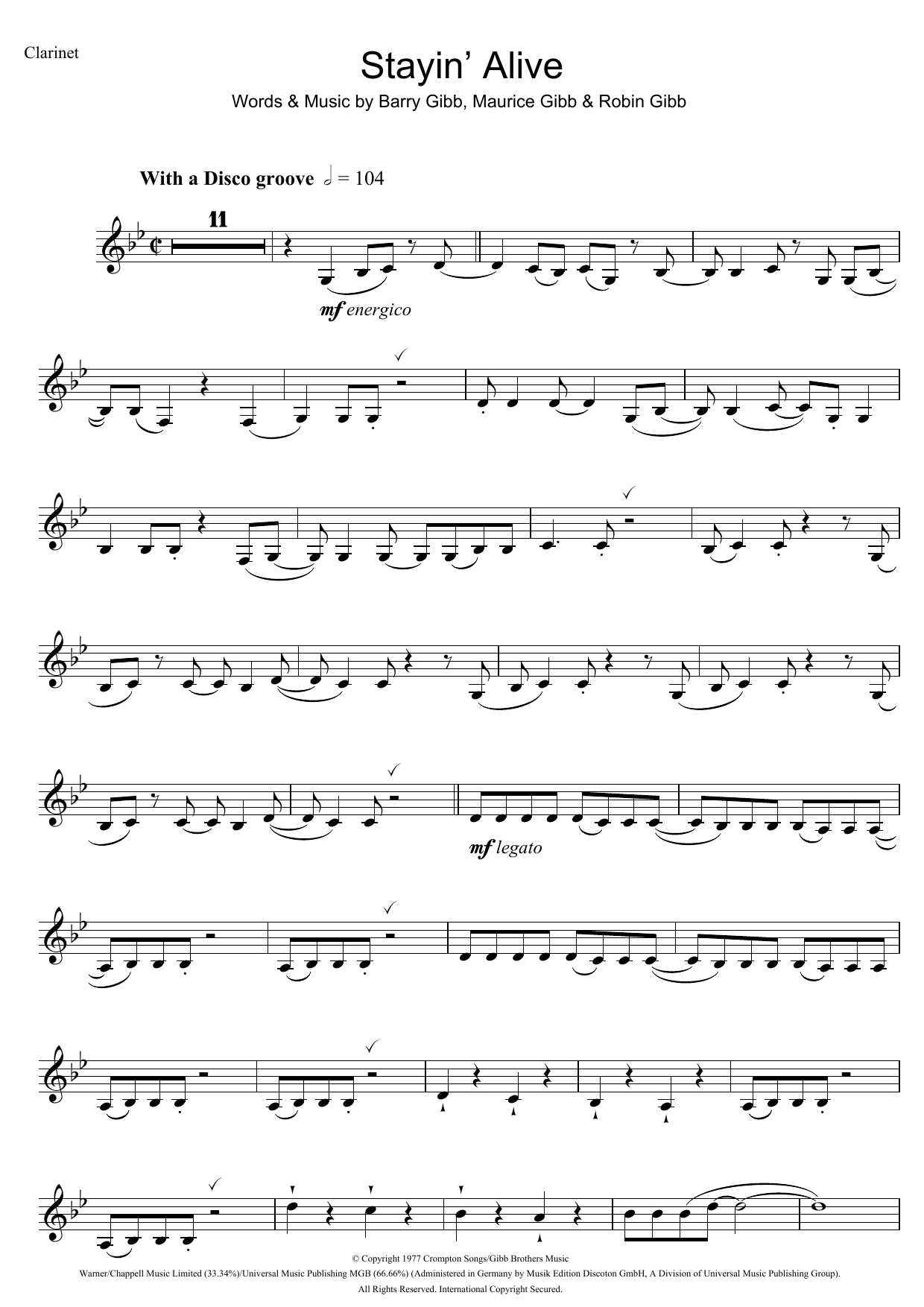 Bee Gees Stayin' Alive sheet music notes and chords. Download Printable PDF.